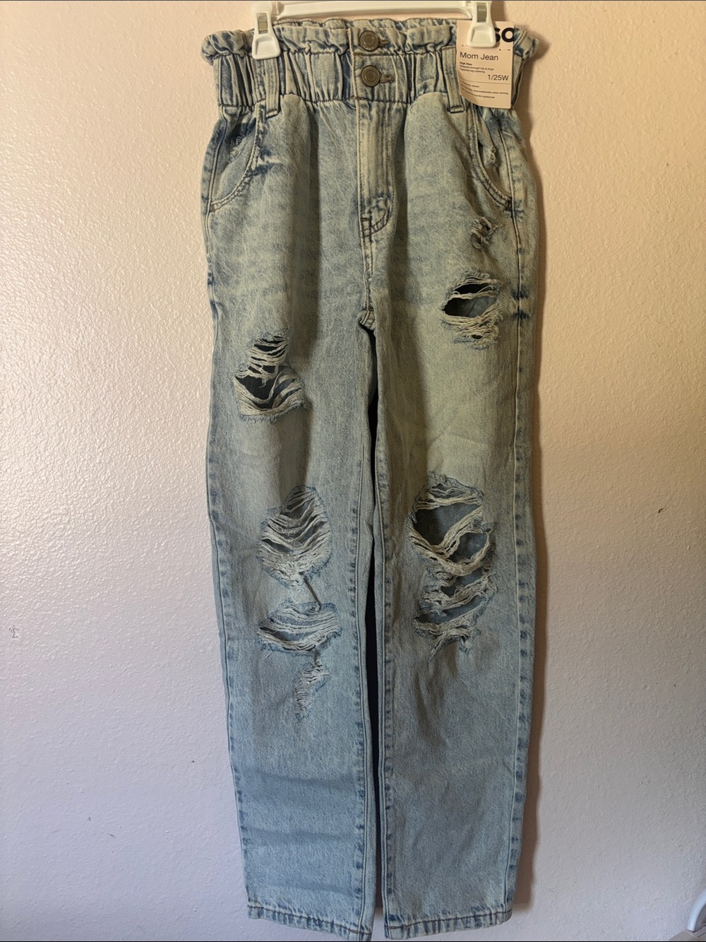 SO Light Wash Distressed Mom Jeans High Rise Elastic Paperbag Waist Size 1